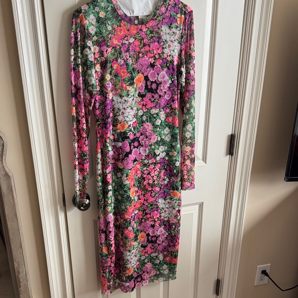 AFRM Floral Long-Sleeve Midi Dress in Pink & Green